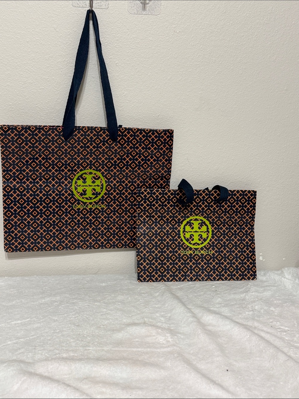 Tory Burch Navy and Orange Geometric Tote with Lime Logo Accent